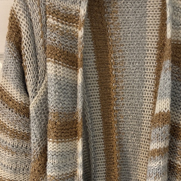 Open Front Knit Fringe Cardigan M/L Boho Neutral Striped - Picture 3 of 7